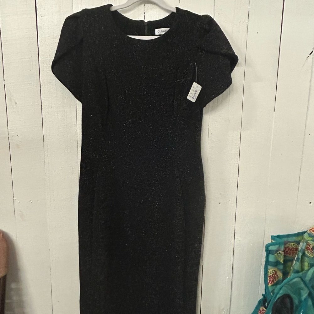 Calvin Klein Black Sparkle Sheath Midi Dress with Cute Sleeves